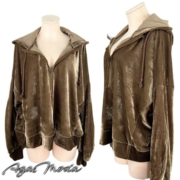 Anna Grace Tops - Anna Grace Light Brownish Velour Oversized Horizontally Hoodie
